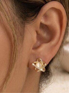 Gold Pearl Orbit Stud Earrings for Women